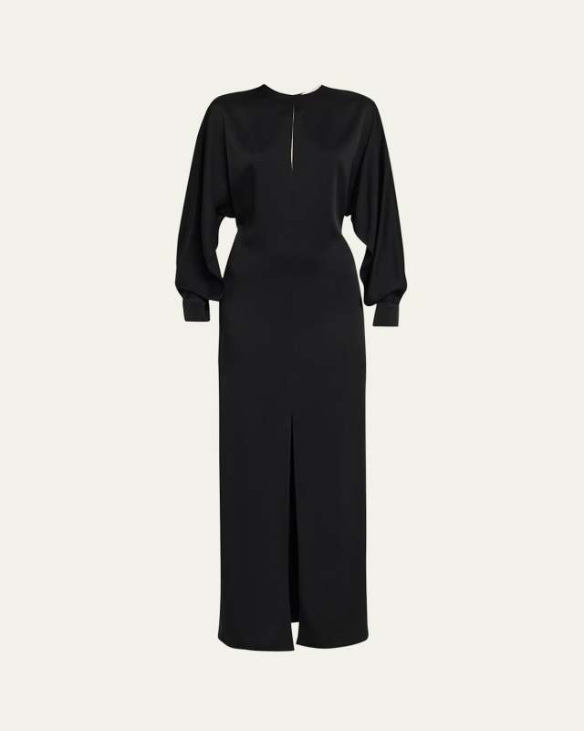 Slit Long-Sleeve Satin Gown